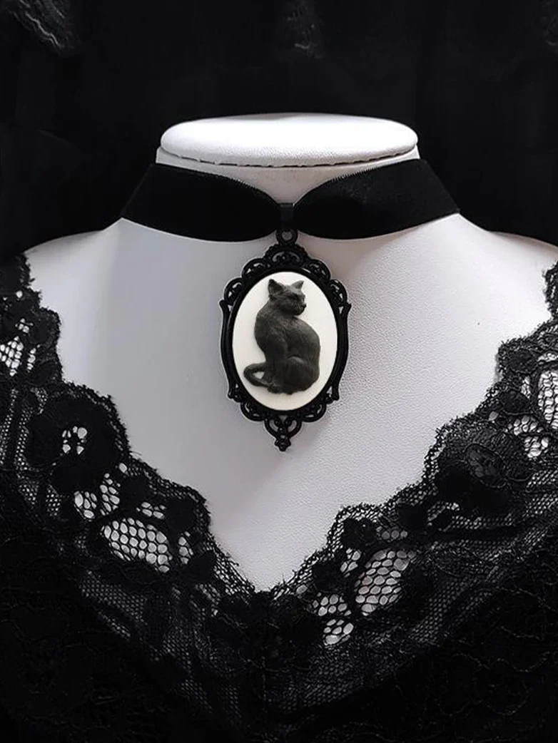 Gothic Witch Cat Pendant Necklace