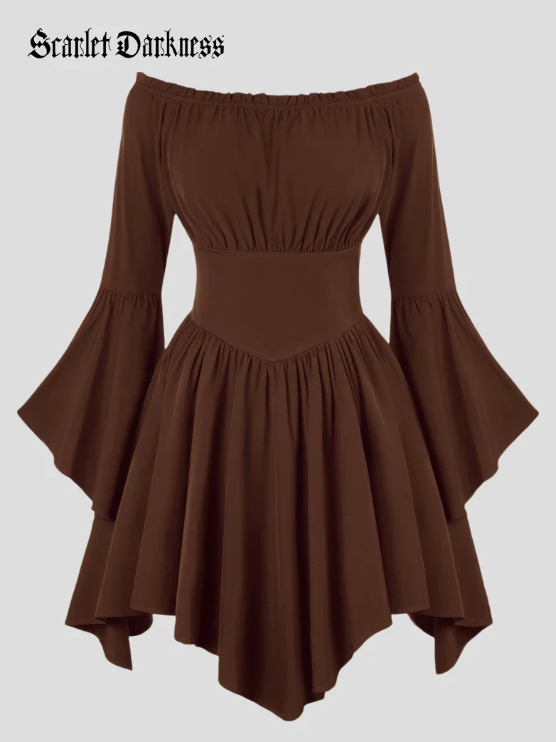 Renaissance Irregular Hem Off Shoulder Pockets Dress - Image 96