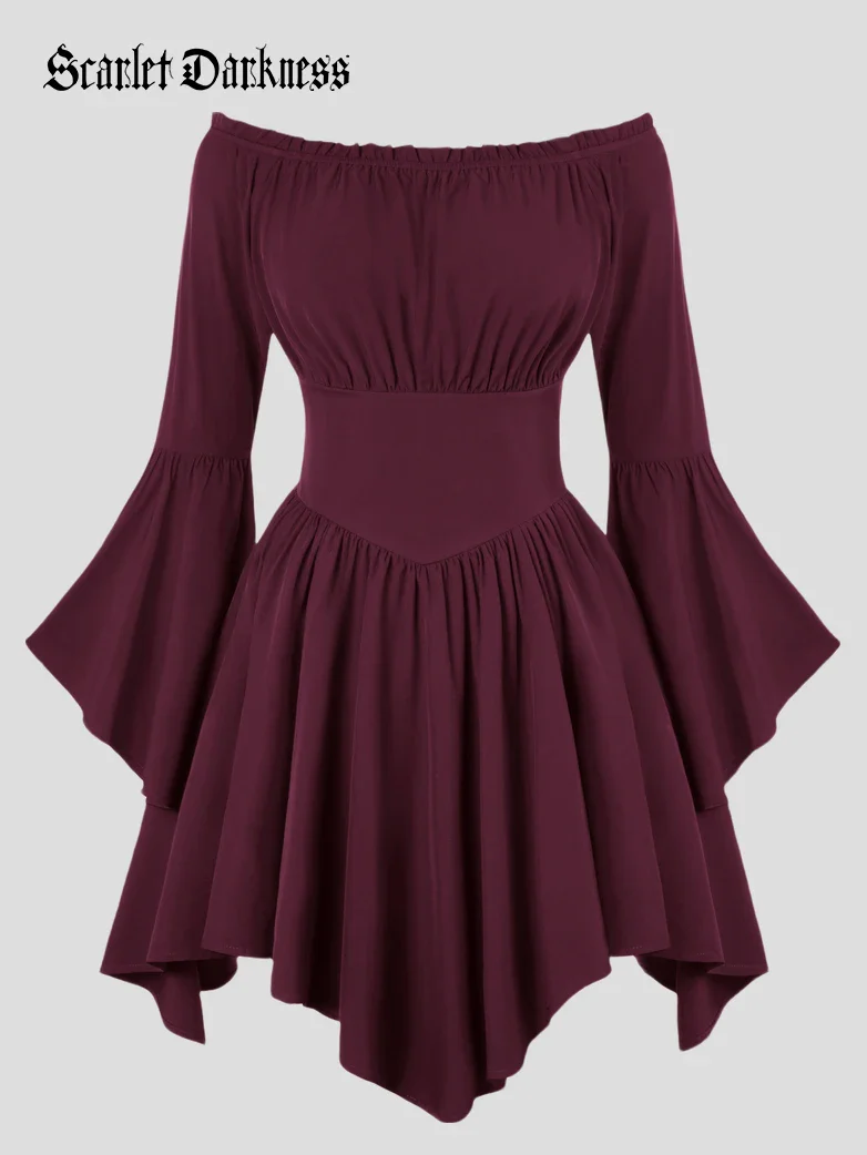 Renaissance Irregular Hem Off Shoulder Pockets Dress - Image 104