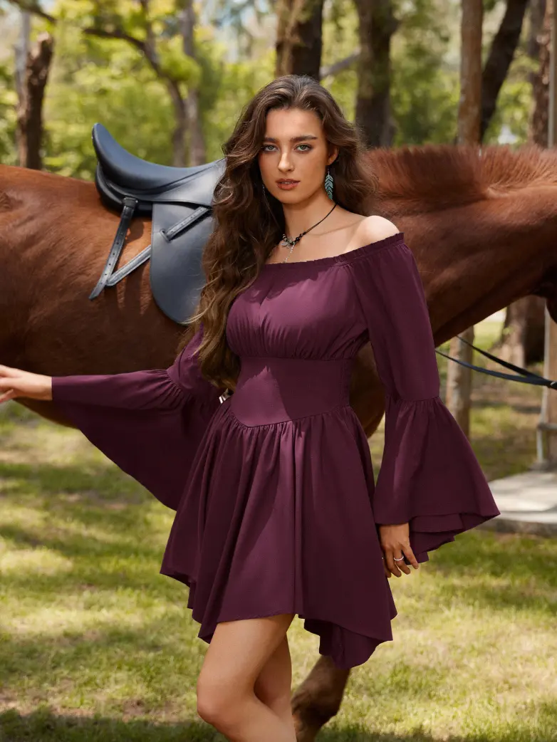 Renaissance Irregular Hem Off Shoulder Pockets Dress - Image 106