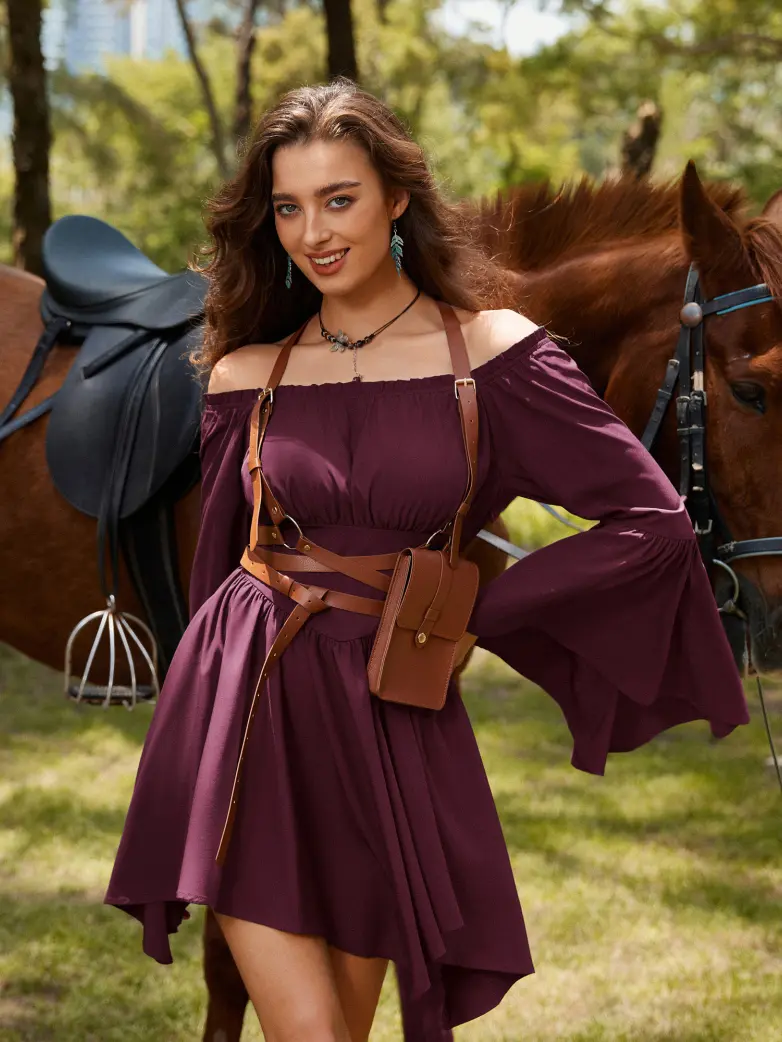 Renaissance Irregular Hem Off Shoulder Pockets Dress - Image 105