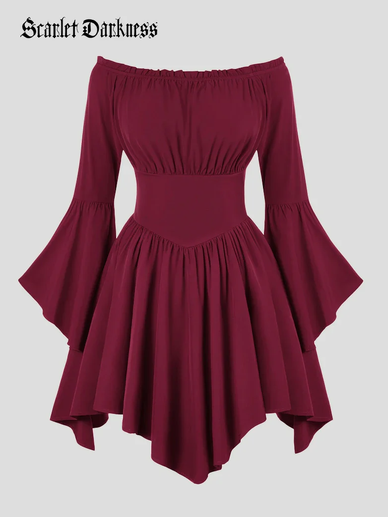 Renaissance Irregular Hem Off Shoulder Pockets Dress - Image 30
