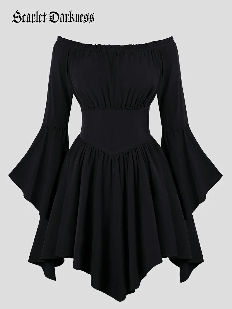 Renaissance Irregular Hem Off Shoulder Pockets Dress - Image 24