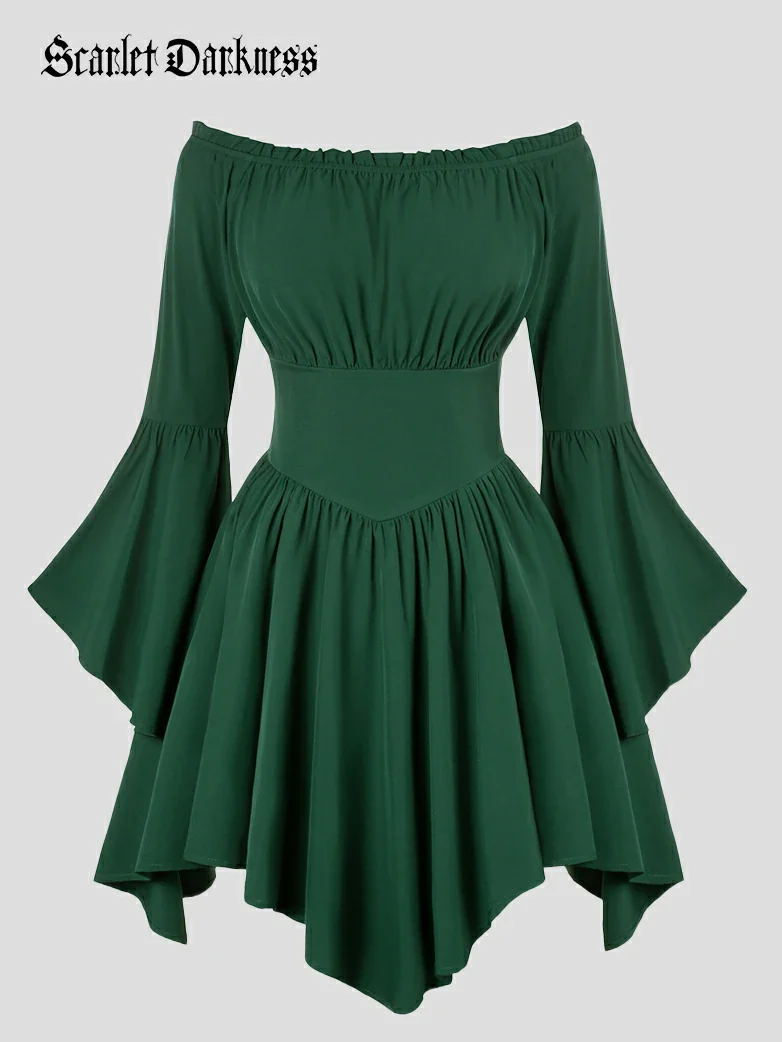 Renaissance Irregular Hem Off Shoulder Pockets Dress - Image 12