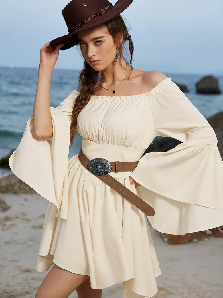 Renaissance Irregular Hem Off Shoulder Pockets Dress - Image 8