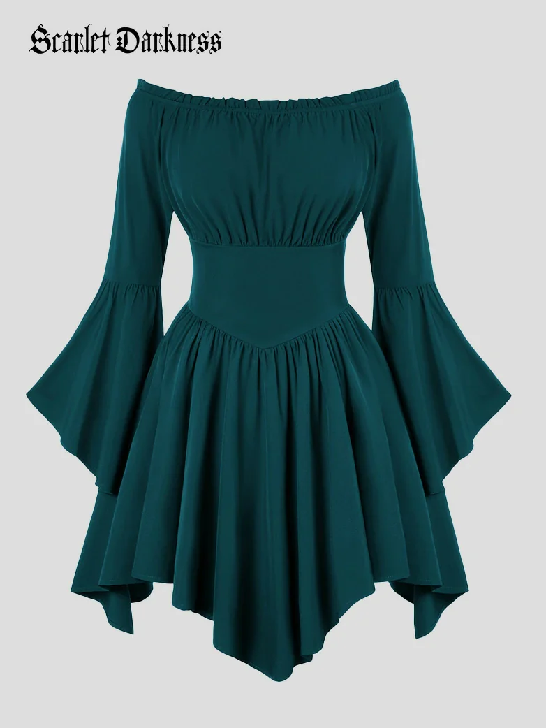 Renaissance Irregular Hem Off Shoulder Pockets Dress - Image 48