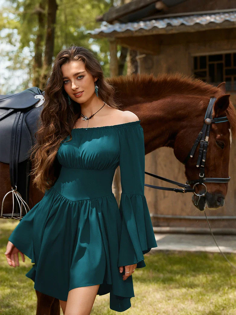 Renaissance Off Shoulder Witch Cosplay Pocket Dress - Image 48