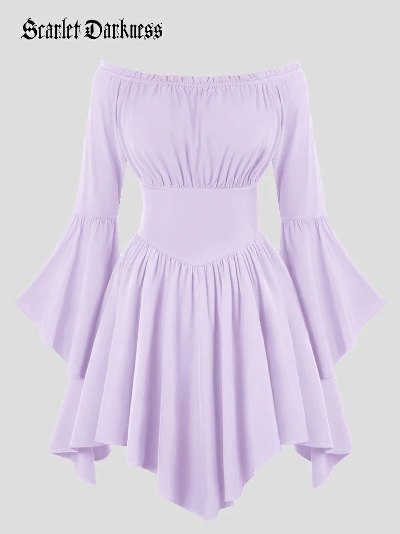 Renaissance Irregular Hem Off Shoulder Pockets Dress - Image 53
