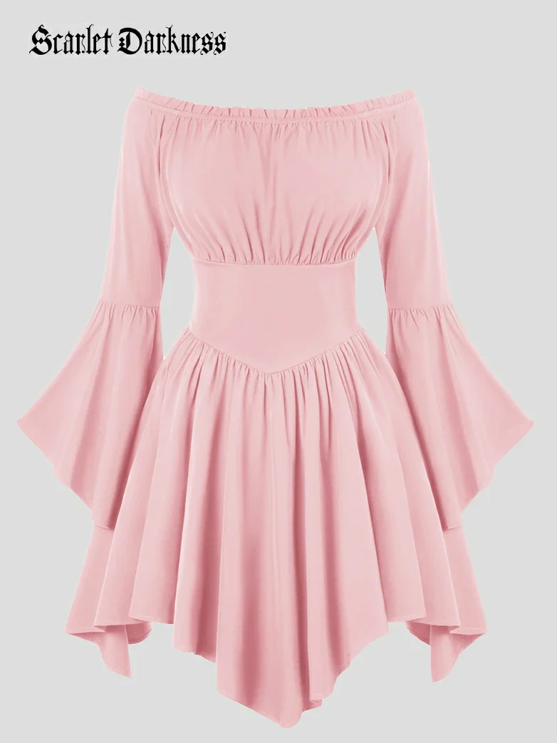 Renaissance Irregular Hem Off Shoulder Pockets Dress - Image 67