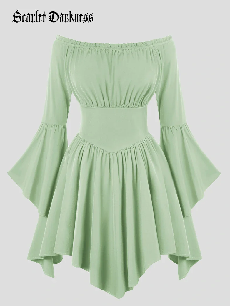 Renaissance Irregular Hem Off Shoulder Pockets Dress - Image 58