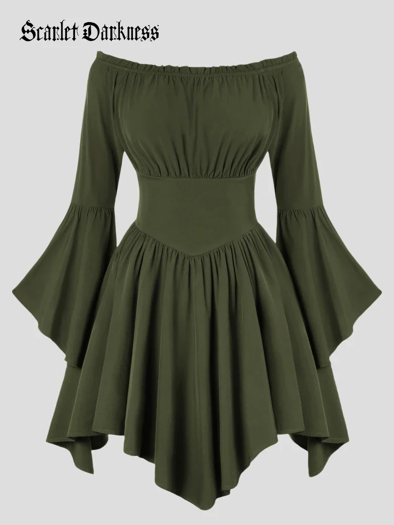 Renaissance Irregular Hem Off Shoulder Pockets Dress - Image 77