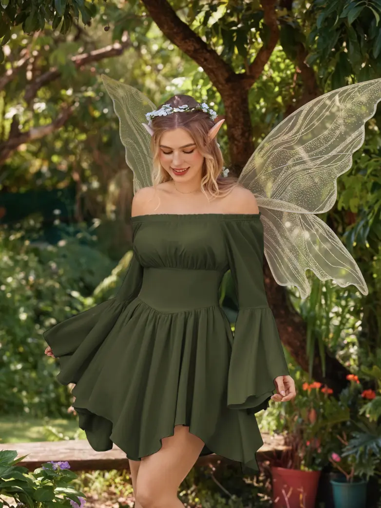 Renaissance Irregular Hem Off Shoulder Pockets Dress - Image 78