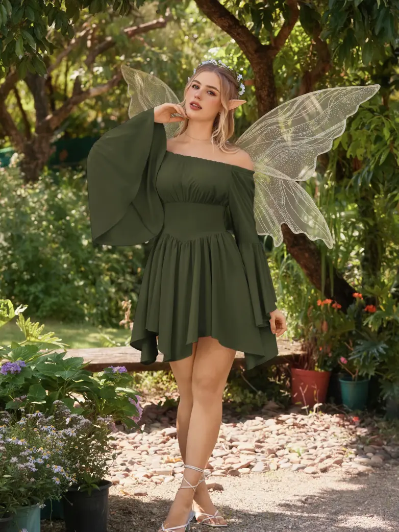 Renaissance Irregular Hem Off Shoulder Pockets Dress - Image 79