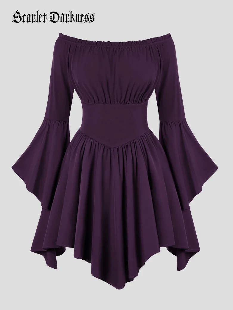 Renaissance Irregular Hem Off Shoulder Pockets Dress - Image 42