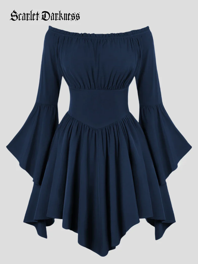Renaissance Irregular Hem Off Shoulder Pockets Dress - Image 71