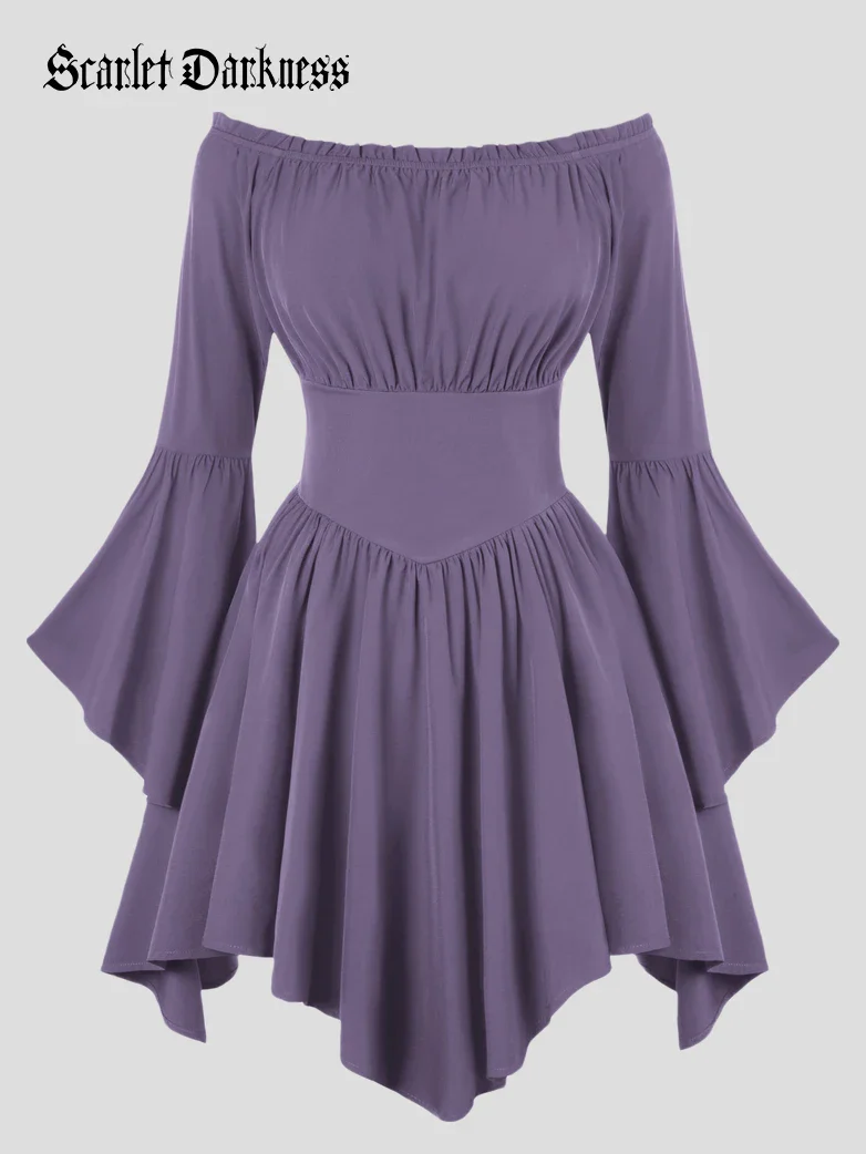 Renaissance Irregular Hem Off Shoulder Pockets Dress - Image 82