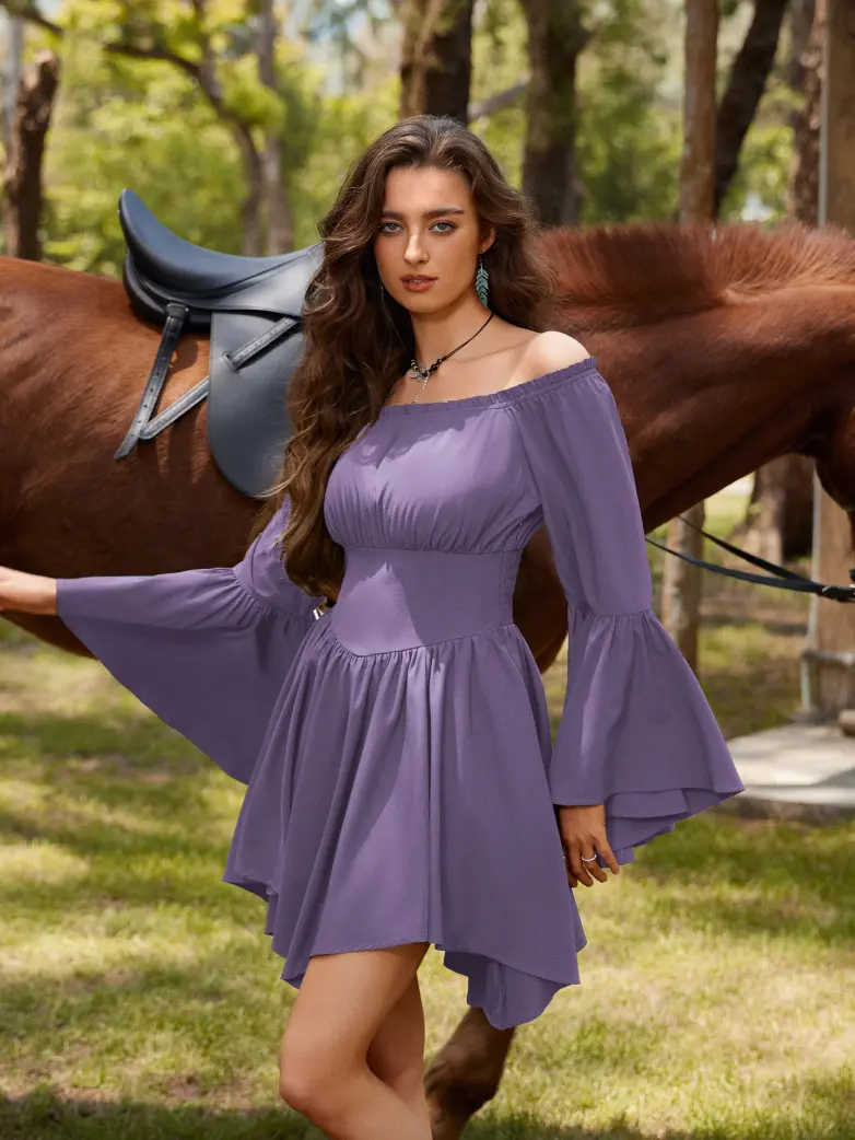 Renaissance Irregular Hem Off Shoulder Pockets Dress - Image 84
