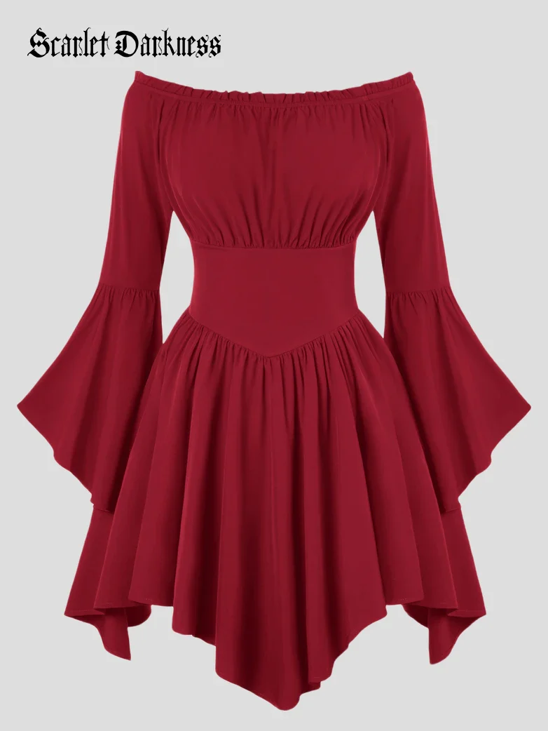 Renaissance Irregular Hem Off Shoulder Pockets Dress - Image 89