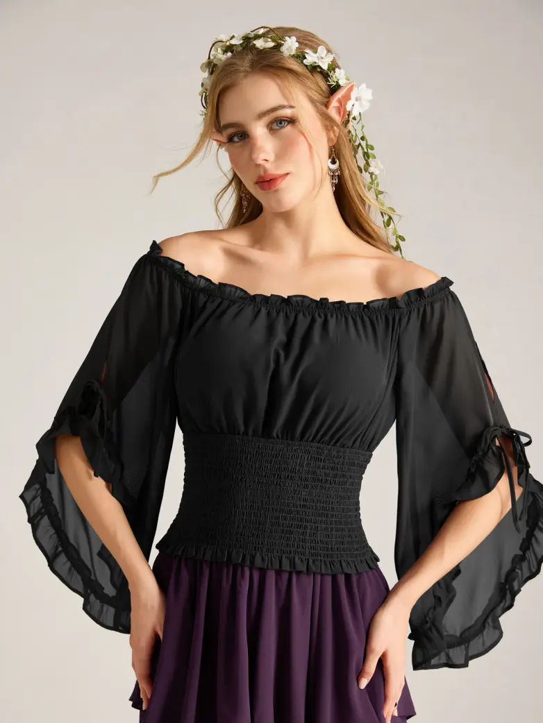 Renaissance Chiffon Off Shoulder Top with Batwing Sleeves - Image 15
