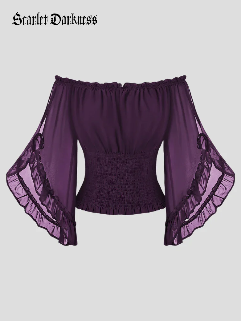 Renaissance Chiffon Off Shoulder Top with Batwing Sleeves - Image 2