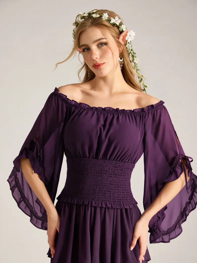 Renaissance Chiffon Off Shoulder Top with Batwing Sleeves - Image 3