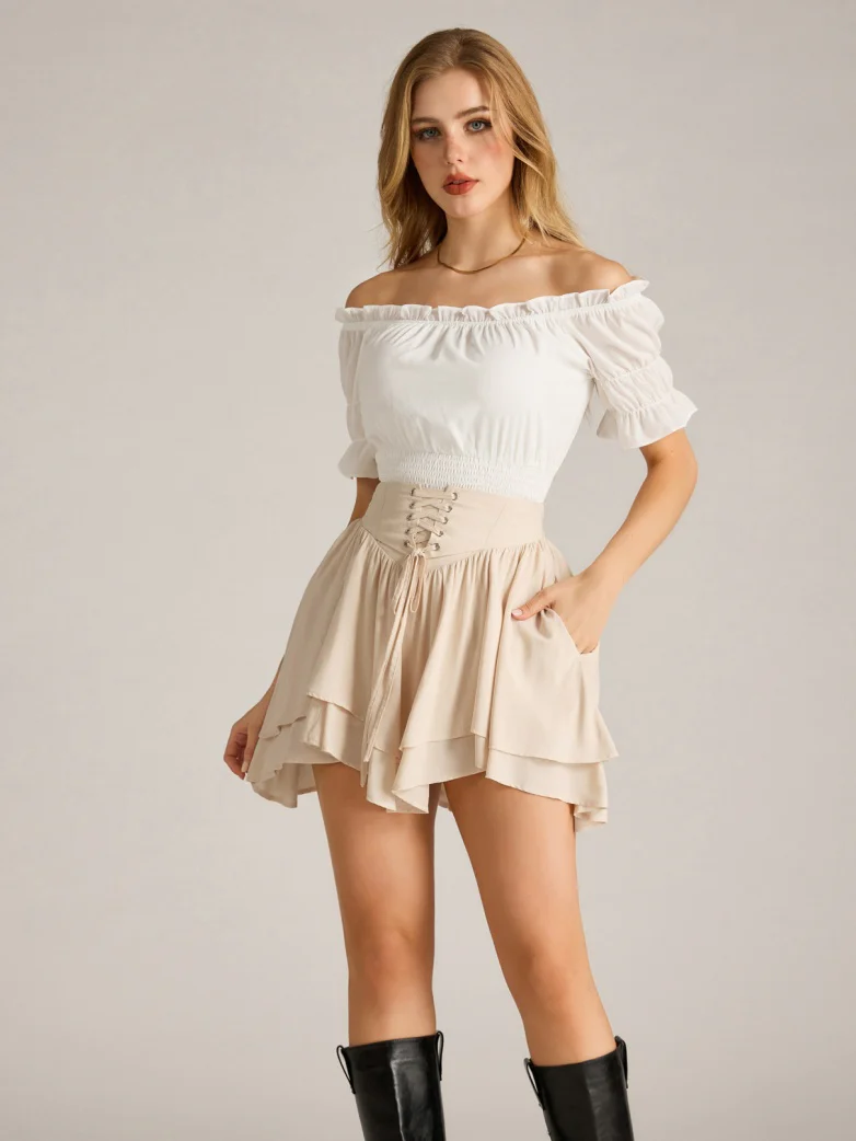 Renaissance Two Layer Mini Skirt with Elastic Waist - Image 19