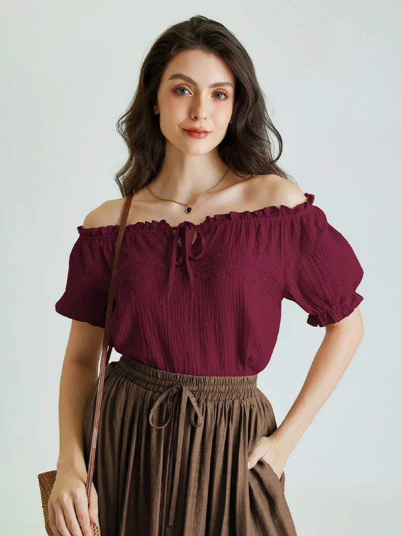 Renaissance Boho Off Shoulder Cotton Straight Tops - Image 27