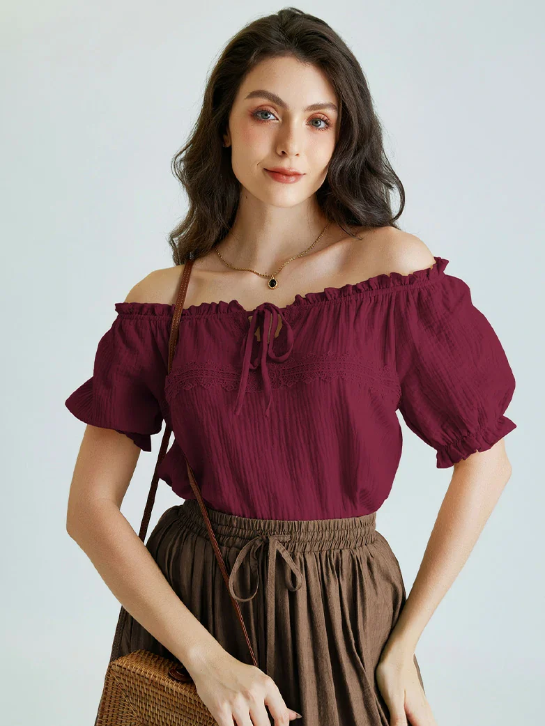 Renaissance Boho Off Shoulder Cotton Straight Tops - Image 28