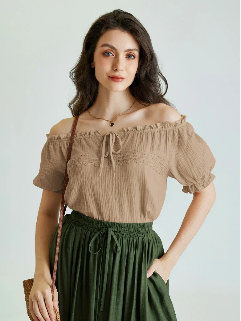 Renaissance Boho Off Shoulder Cotton Straight Tops - Image 31