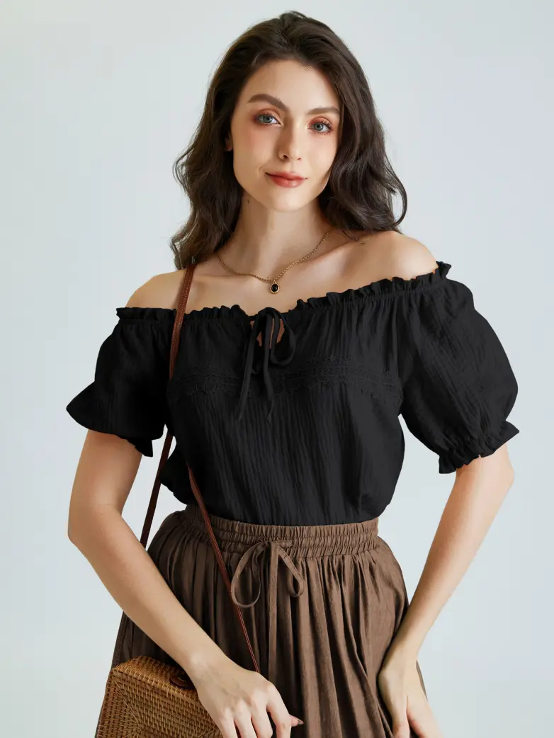 Renaissance Boho Off Shoulder Cotton Straight Tops - Image 43