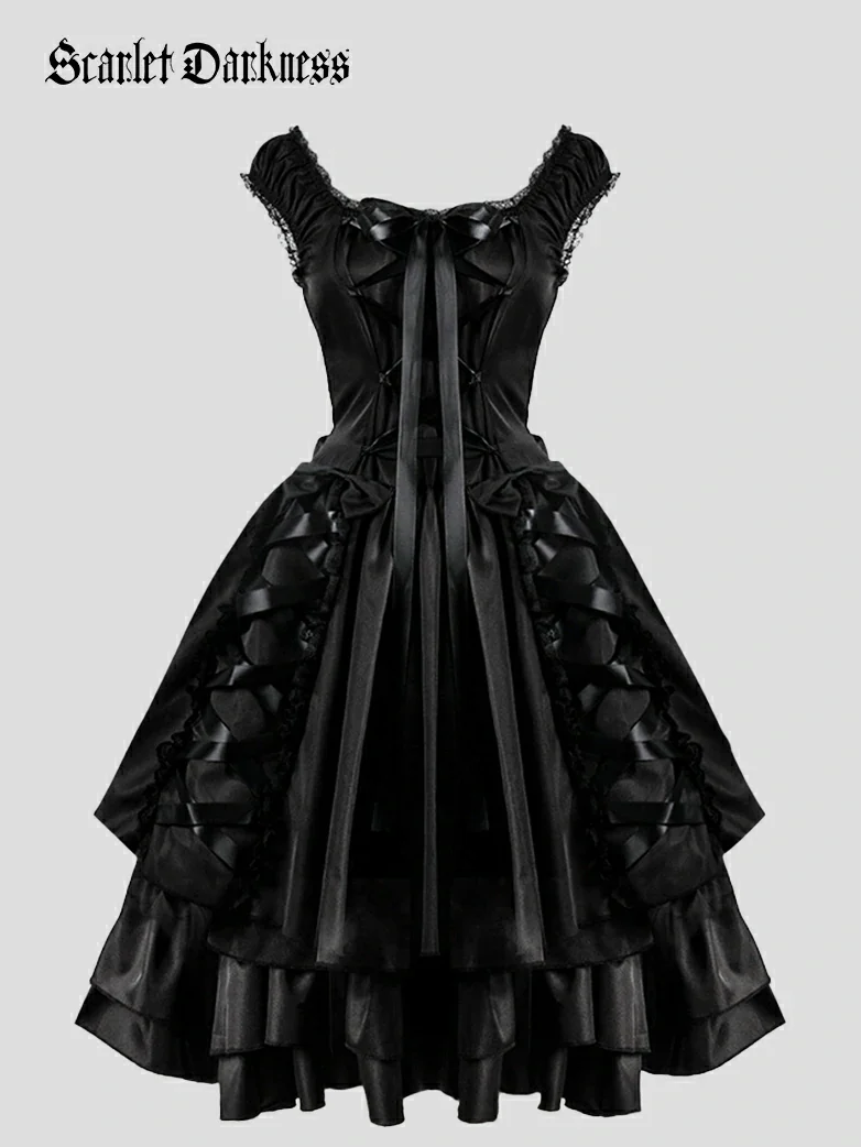 Satin Laces Women Victoria Black Gothic Dress