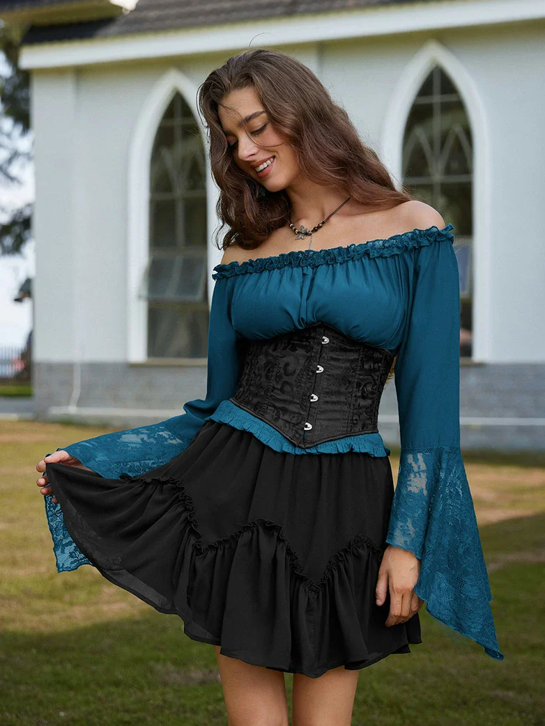 Women Off Shoulder Wide Lace Sleeves Pullover Tops - Image 10