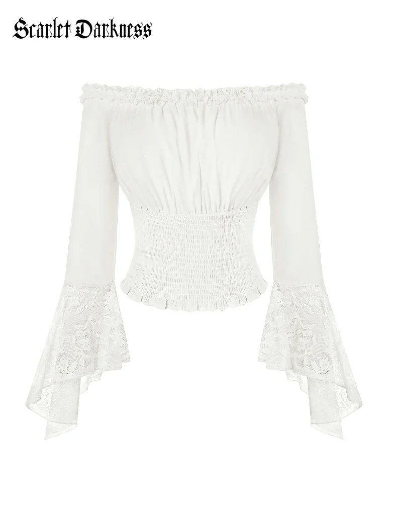 Women Off Shoulder Wide Lace Sleeves Pullover Tops - Image 13