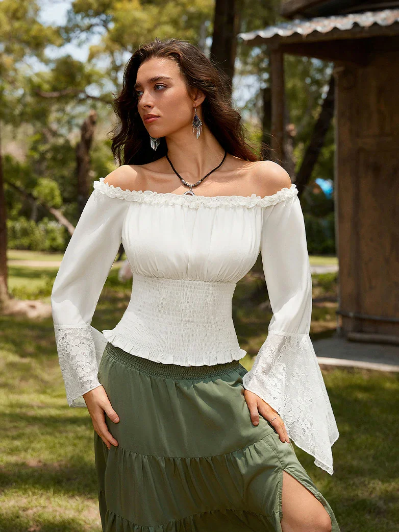 Women Off Shoulder Wide Lace Sleeves Pullover Tops - Image 16