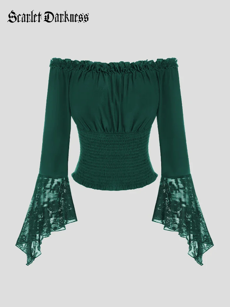Women Off Shoulder Wide Lace Sleeves Pullover Tops - Image 23