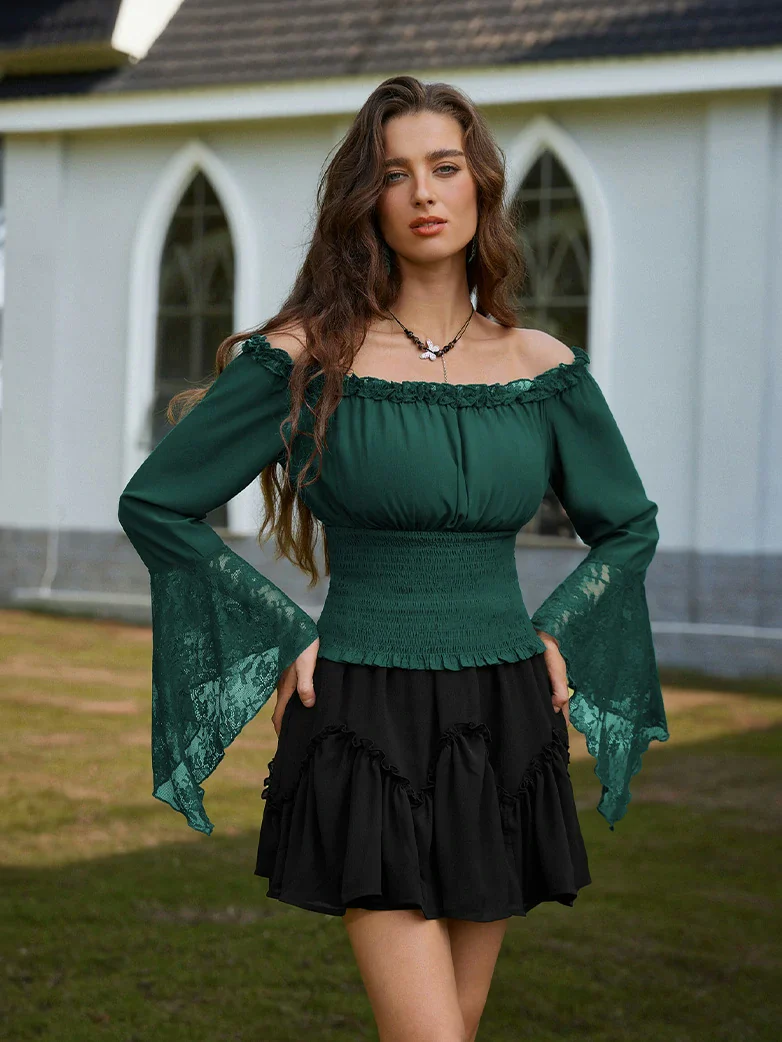 Women Off Shoulder Wide Lace Sleeves Pullover Tops - Image 24