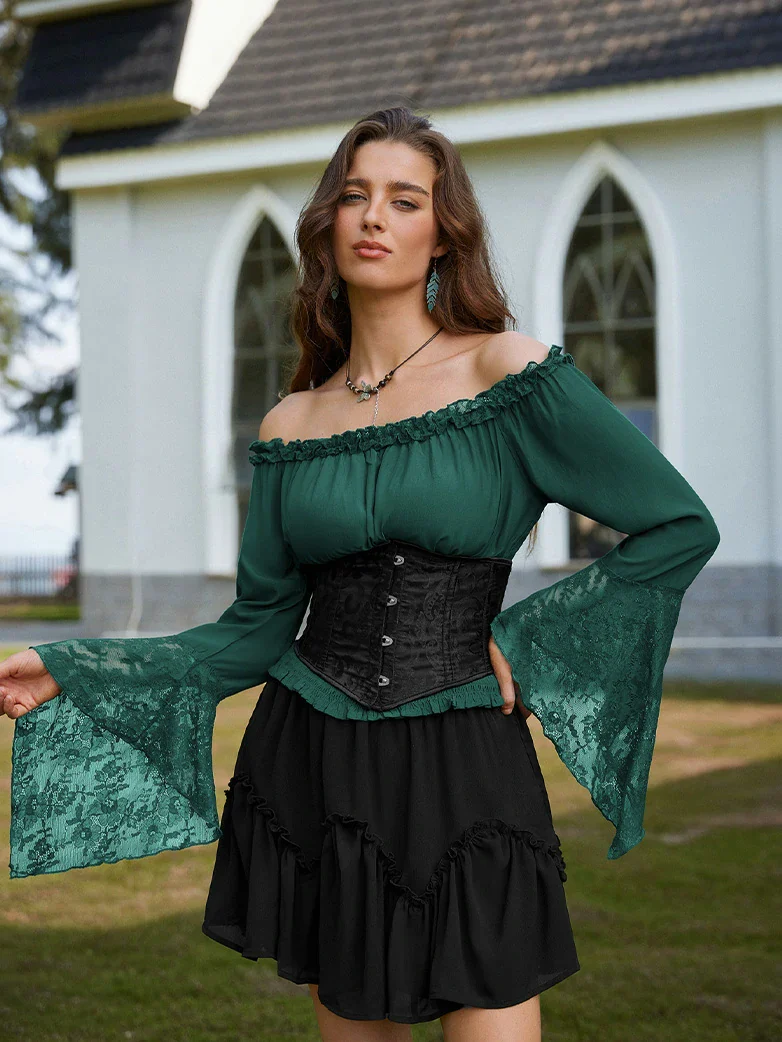 Women Off Shoulder Wide Lace Sleeves Pullover Tops - Image 26