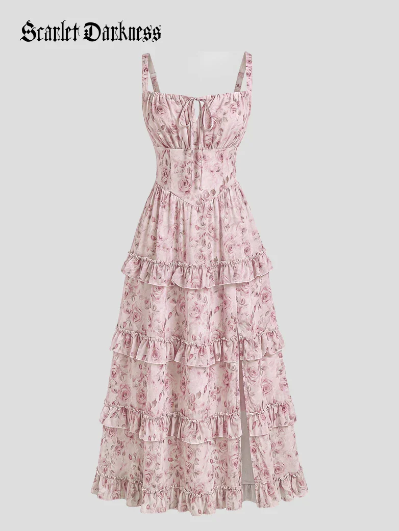 Valentine's Day Floral Summer Front Slit Pocket Dress - Image 42