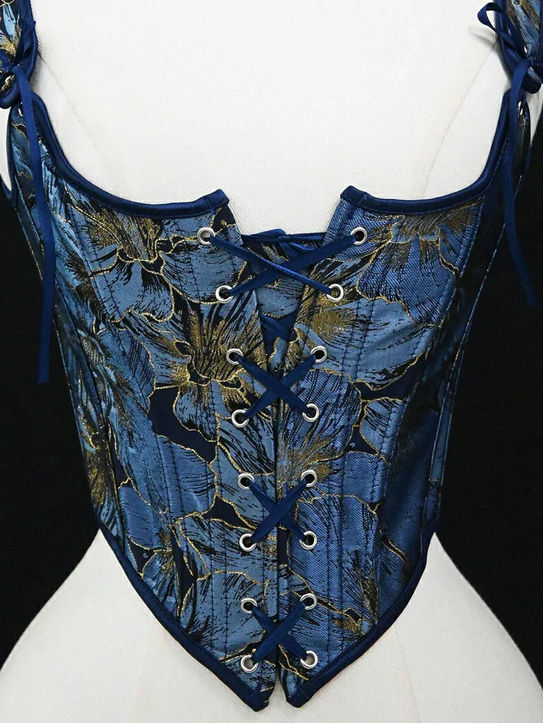 Royal Blue Victorian Jacquard Corset with Lace up - Image 10