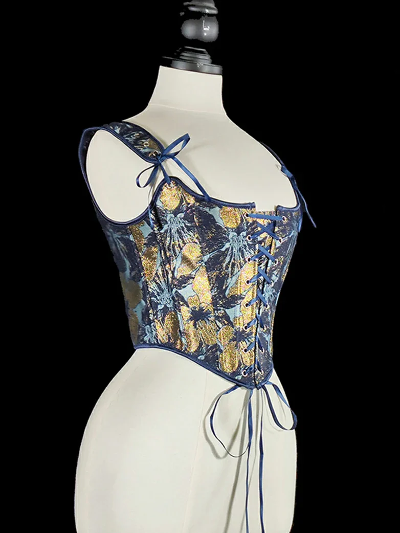 Royal Blue Victorian Jacquard Corset with Lace up - Image 2
