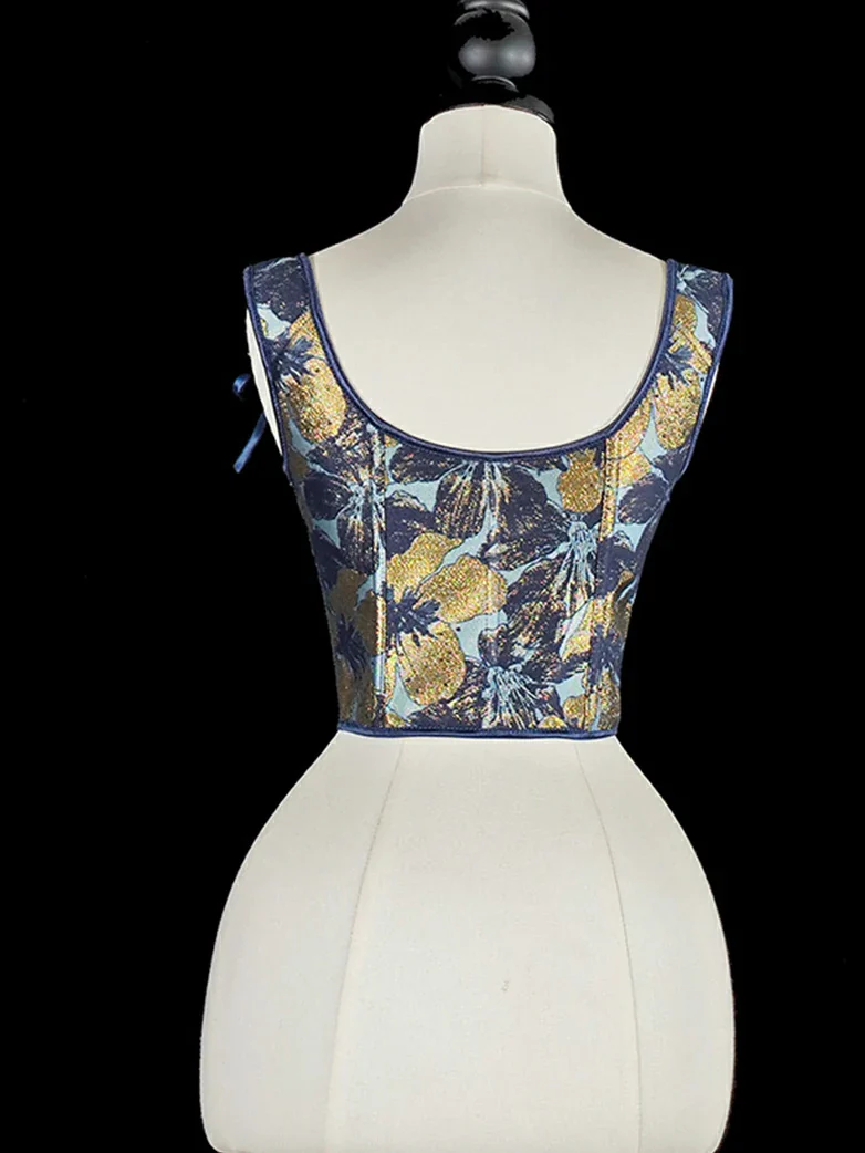 Royal Blue Victorian Jacquard Corset with Lace up - Image 4
