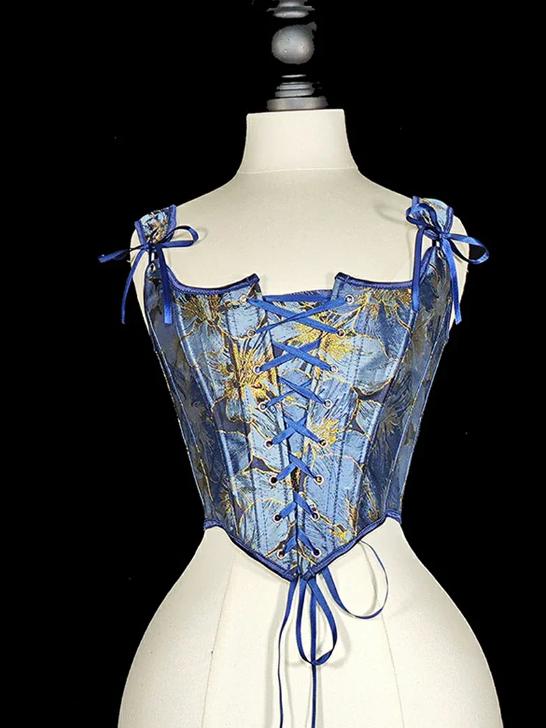 Royal Blue Victorian Jacquard Corset with Lace up - Image 6