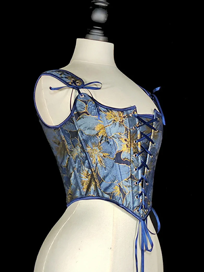 Royal Blue Victorian Jacquard Corset with Lace up - Image 7