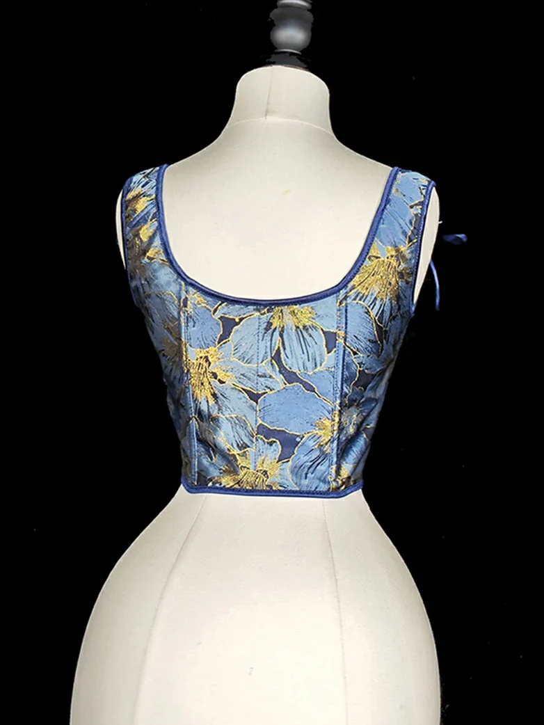 Royal Blue Victorian Jacquard Corset with Lace up - Image 9