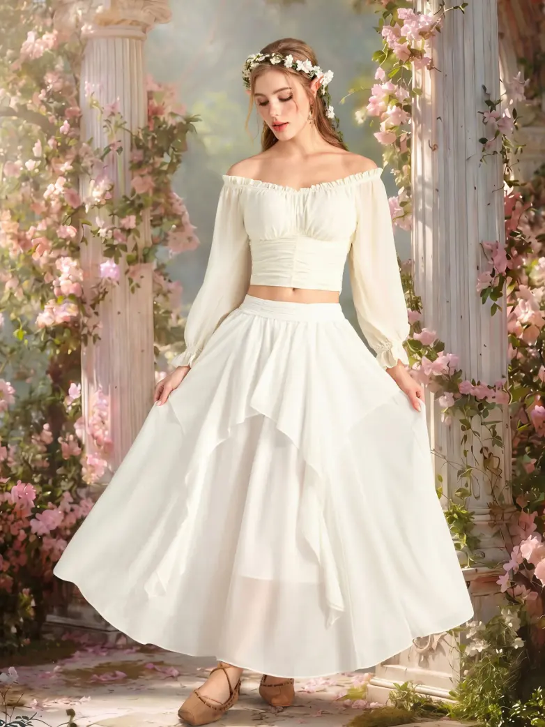 Victorian Style Off Shoulder Ruched Cropped Top - Image 2