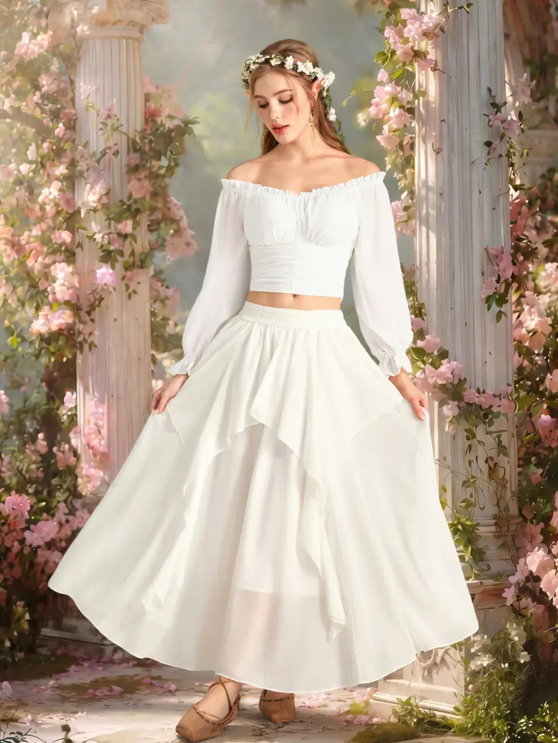 Victorian Style Off Shoulder Ruched Cropped Top - Image 21