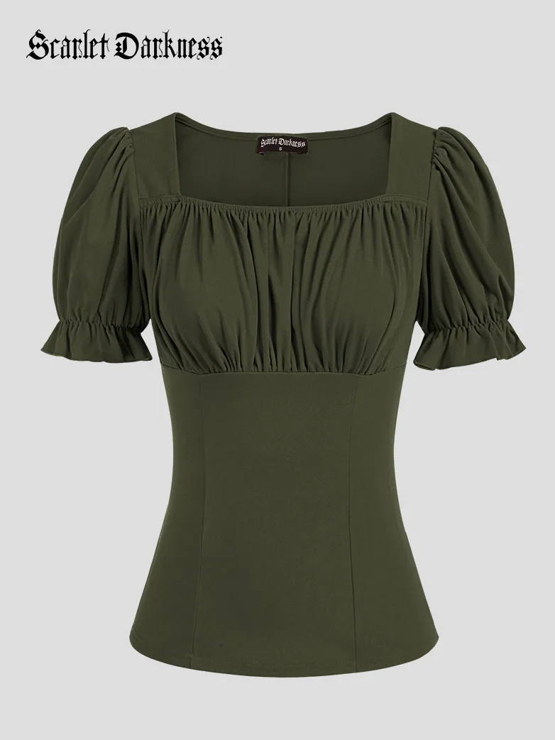 Victorian Pleated Ruched Slim Fit Short Sleeve Tops - Image 27