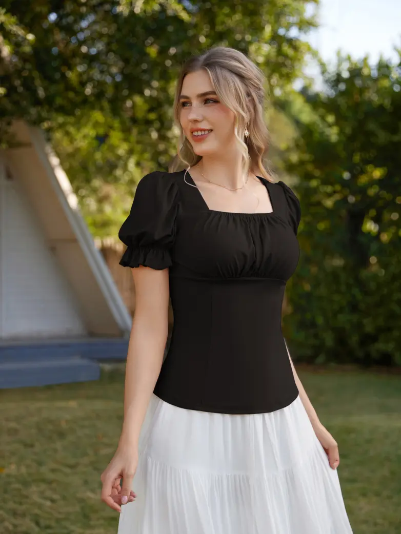 Victorian Pleated Ruched Slim Fit Short Sleeve Tops - Image 3