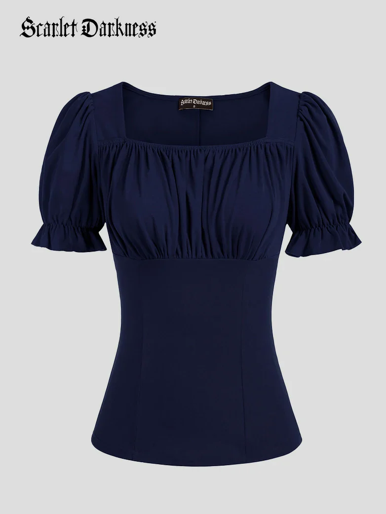 Victorian Pleated Ruched Slim Fit Short Sleeve Tops - Image 31