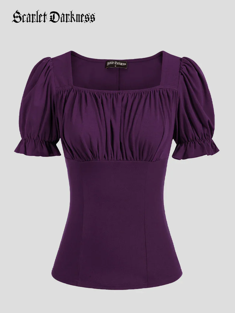Victorian Pleated Ruched Slim Fit Short Sleeve Tops - Image 36